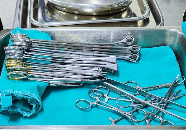 Surgical instruments in the preparation tray of the operating room