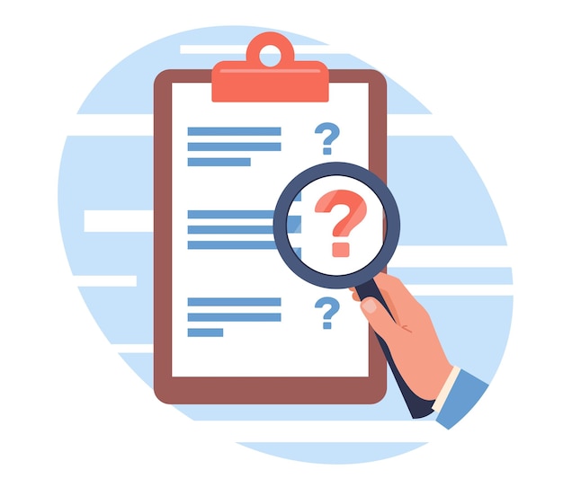 Survey list of customer support questions Examination document Hand holding magnifying glass Checklist form People marketing feedback Cartoon flat style isolated vector concept
