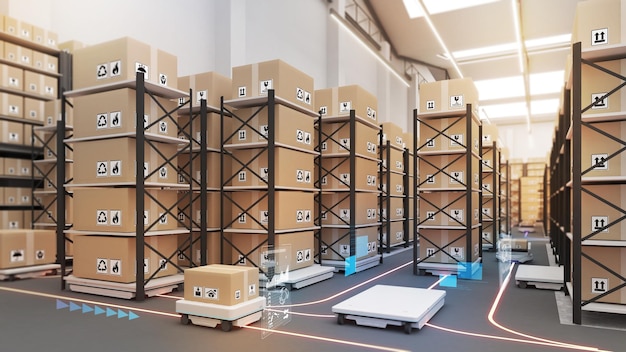 Suuret varastot käyttävät kuljetusrobotteja noutamaan tuoterivejä käyttäen automaatiota tuotehallinnassa. Yhdistää varaston ja teknologian, 3D-renderöinti