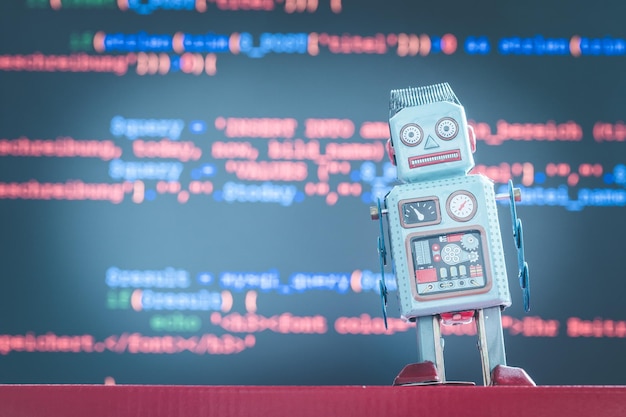 Symbol for a chatbot or social bot and algorithms program code in the background