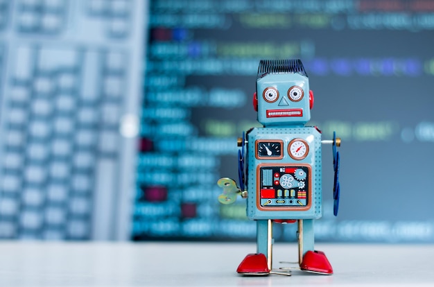 Symbol for a chatbot or social bot and algorithms program code in the background
