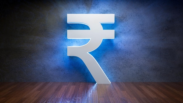 Symbol of Indian rupee glowing in empty concrete room as currency sign3D Rendering