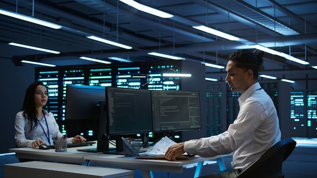System administrator in data center maintaining accurate paperwork of hardware