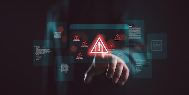 System warning alert on virtual interface with hand interaction Concept of cybersecurity risk data breach malware hacking IT failure and digital system vulnerability in modern technology