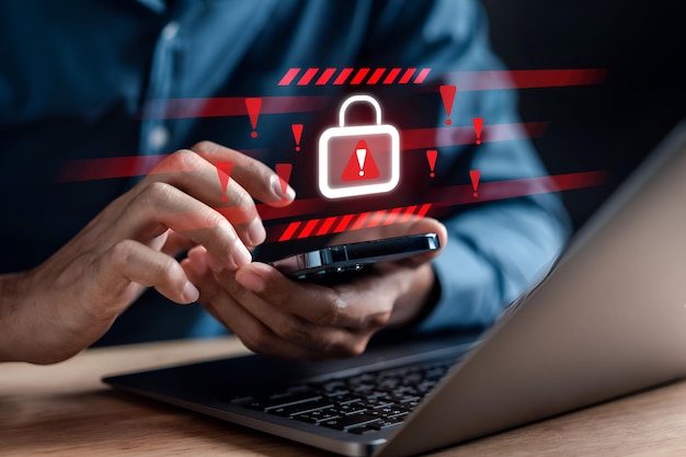 System warning caution sign for notification error and maintenance concept cyber attack on computer network Cybersecurity vulnerability data breach illegal connection compromised information