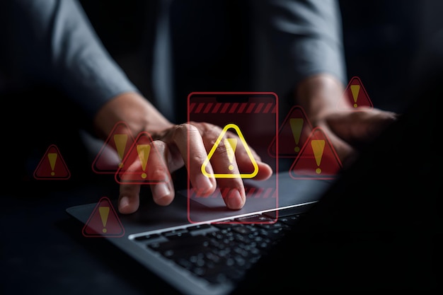 System warning caution sign for notification error and maintenance concept cyber attack on computer network Cybersecurity vulnerability data breach illegal connection compromised information