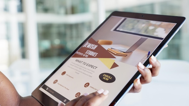 tablet hands and woman reading a website for college religion studies on the internet digital technology closeup and female student scroll online for university education application requirements