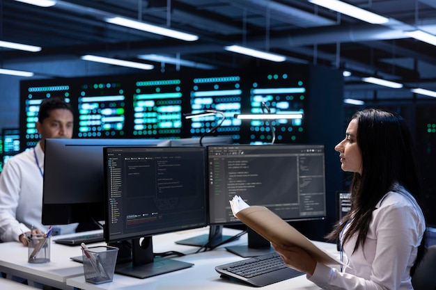 Team of engineers in data center checking emergency procedures documents
