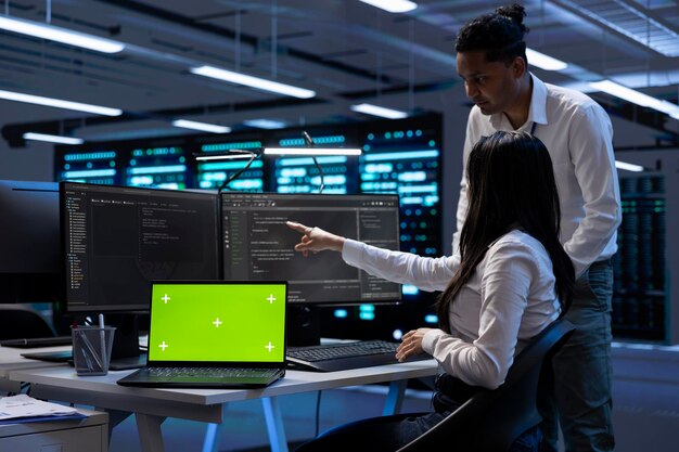 Team of technicians using green screen laptop to check server clusters