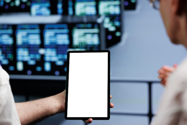 Team using tablet in data center