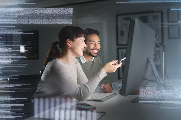 Teamwork computer hologram and people with data analytics cyber security research and cloud computing Coding programming and developer woman with partner for software strategy planning at night
