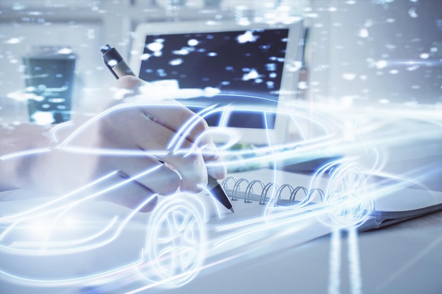 Tech autopilot theme hologram over woman's hands taking notes background Concept of hightech Double exposure