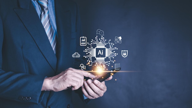 Technology and people concept man use AI to help work AI Learning and Artificial Intelligence Concept Business modern technology internet and networking concept AI technology in everyday life