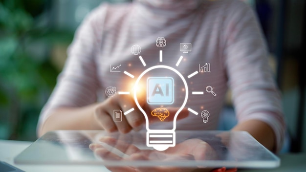 Technology and people concept women use AI to help work AI Learning and Artificial Intelligence Concept Futuristic technology transformationx9
