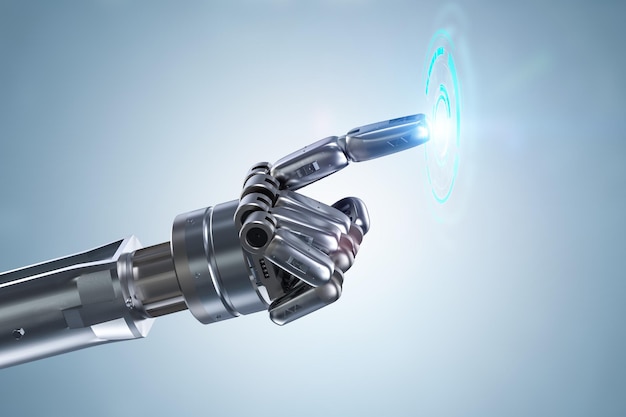 Technology connection with 3d rendering robotic or cyborg hand with graphic display