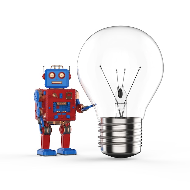 technology creativity concept with 3d rendering tin toy robot hold light bulb