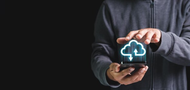 Technology network cloud concept information digital data computing storage server man using smartphone with cloud storage and connect wireless information