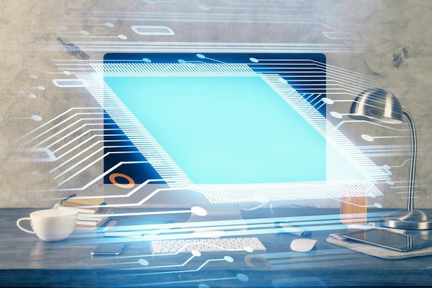 Technology theme drawing and table with computer Double exposure Concept of information