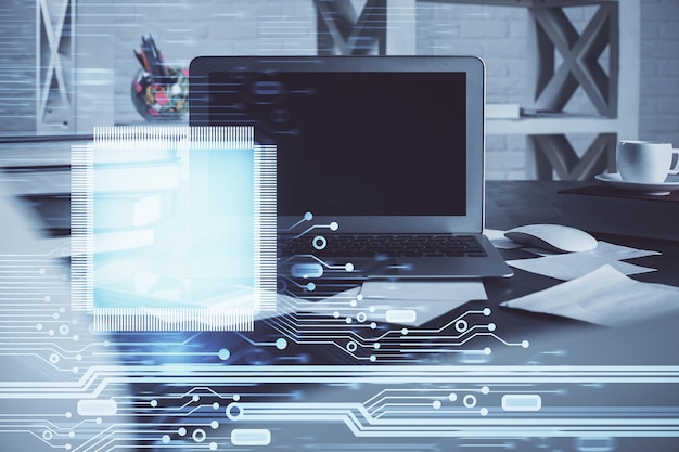 Technology theme drawing and work space with computer Double exposure Concept of innovation