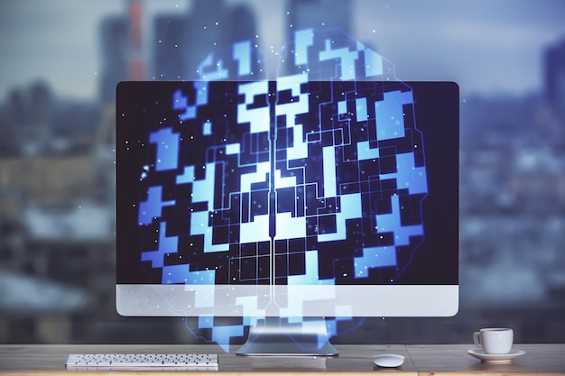 technology theme drawing and work space with computer multi exposure concept of innovation