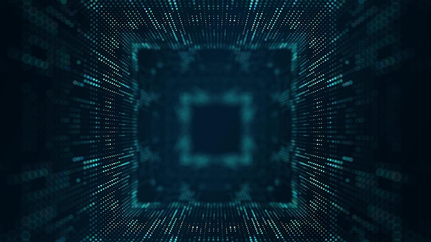 Technology wireframe tunnel on blue background Futuristic 3D wormhole grid Big data visualization 3D rendering