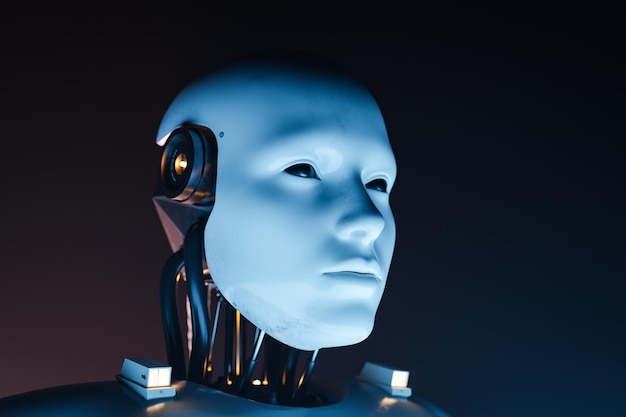 Tekoälyllä toimiva humanoidirobotin konseptikasvo, 3d-renderöidä