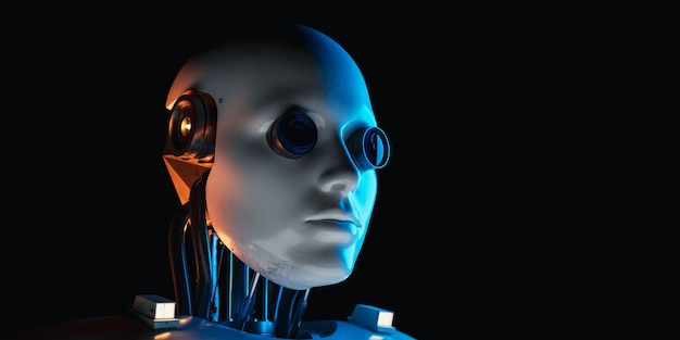 Tekoälyllä toimiva humanoidirobotin konseptikasvo, 3d-renderöidä
