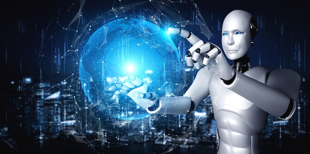 Tekoälyllä varustettu humanoidirobotti koskettaa hologramminäyttöä, joka näyttää globaalin kommunikaation konseptin