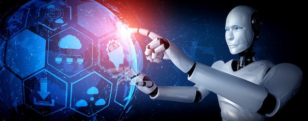 Tekoälyllä varustettu humanoidirobotti koskettaa hologramminäyttöä, joka näyttää globaalin kommunikaation konseptin