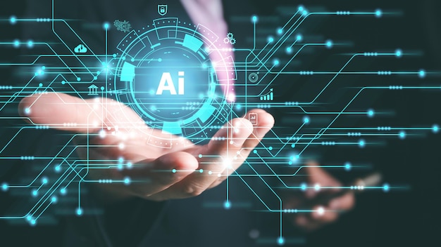 Tekoälyteknologia Tekoäly ihminen käyttää teknologiaa älykäs robotti Tekoäly tekoäly syöttämällä komentokehotteen, joka luo jotain Futuristinen teknologian muutos Chatataan tekoälyn kanssa