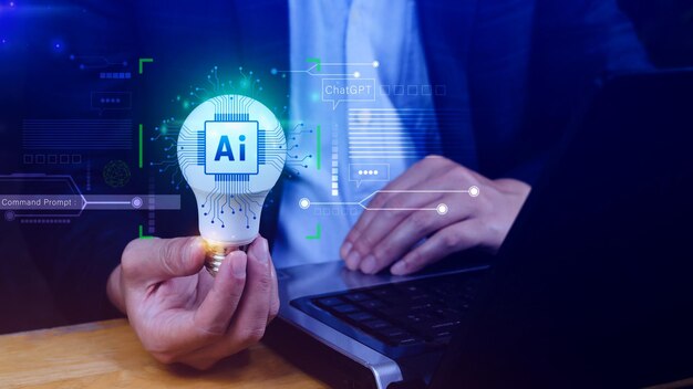 Tekoälyteknologiaa käyttävä liikemies käyttää virtuaalista graafista globaalia Internet-yhteyttä Chatgpt Chat tekoälyn kanssa käyttämällä komentoriviä luodakseen jotain futuristista teknologiakehitystä