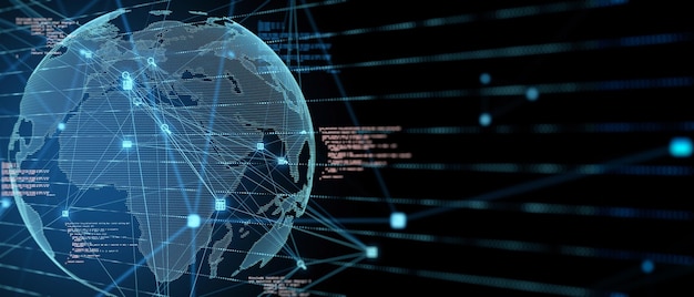 Telecommunication and stats data concept with glowing digital interface with world map coding numbers and abstract lines on abstract dark technological background 3D rendering mock up