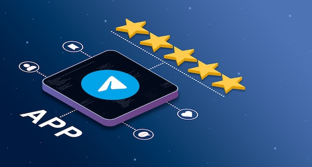 telegram application icon with a 5star rating and social activity badges 3d