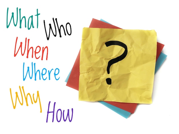 The 6ws why when who where what and how questions next to a yellow sticky note with a question mark
