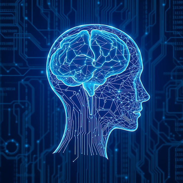The brain visiblesurrounded by code and circuit board patterns in shades depicting artificial intel