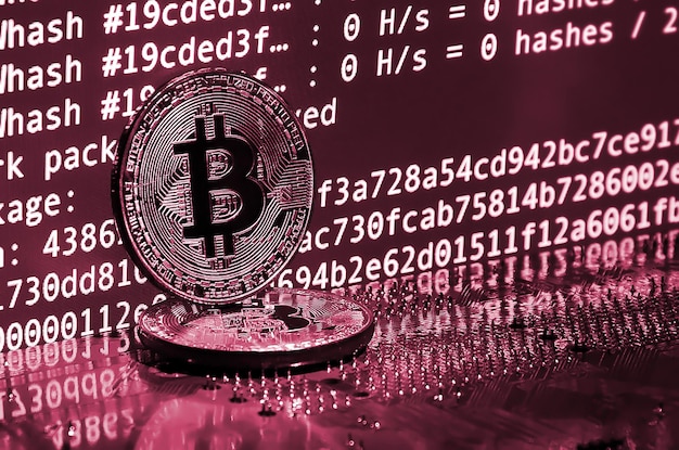 The digital process of cryptocurrency mining by using the GPUs Bitcoins and video card on a working display Image toned in Viva Magenta color of the 2023 year