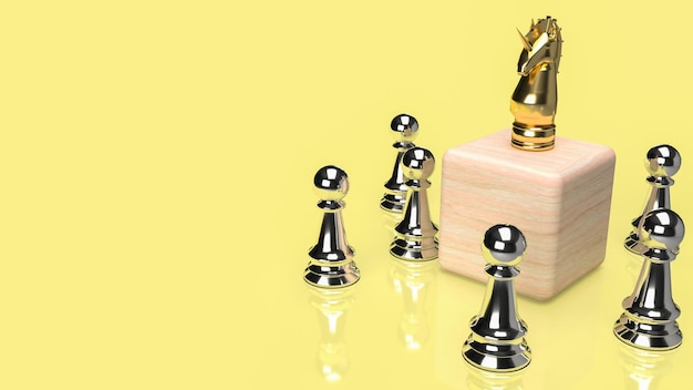 The gold unicorn on wood cube and silver chess for business concept 3d rendering