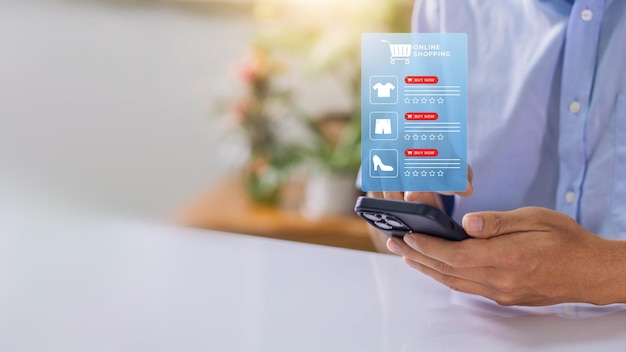 The idea of ecommerce or internet buying A businessman uses a smartphone to peruse an online shopping basket He buys and sells services across a network using global technology and the internet