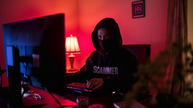 The scammer wears a hoodie in front of a computer generative ai art