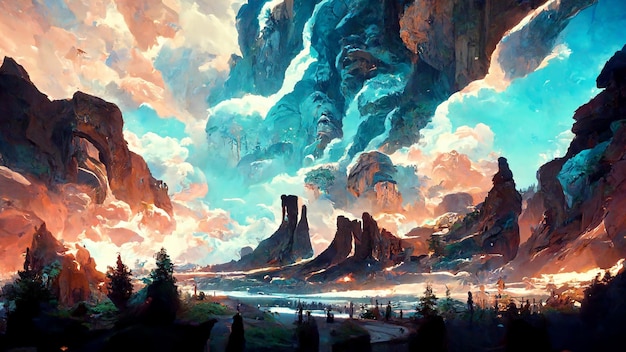 the scene inside the cave the exit is a forest and sky 3d illustration