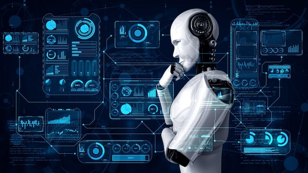 Thinking AI hominoid robot analyzing hologram screen showing concept big data