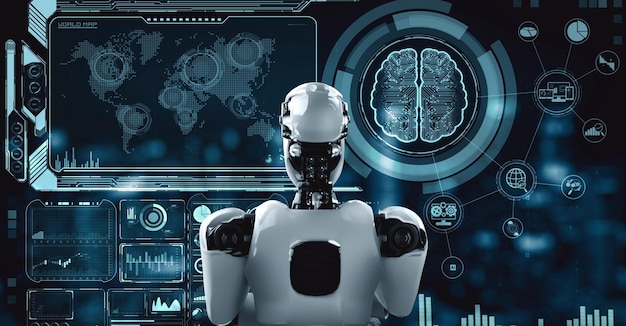 thinking ai hominoid robot analyzing hologram screen showing concept big data