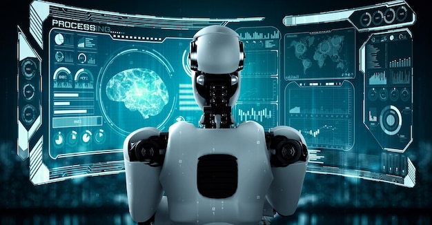 thinking ai hominoid robot analyzing hologram screen showing concept of ai