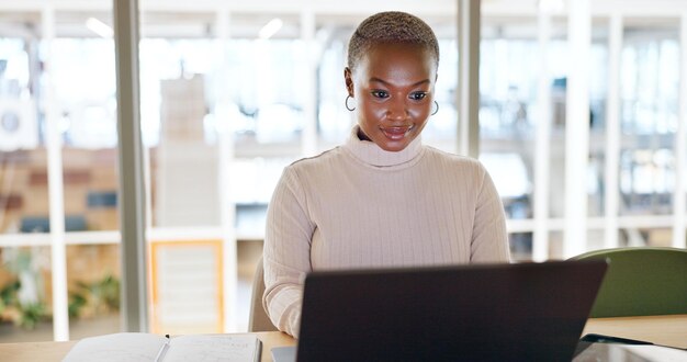 Thinking laptop and management with business woman research for social media news digital marketing or planning Leadership strategy and agenda with black woman for idea contact or date analytics