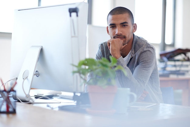 Thinking portrait or man on computer for solution problem solving or online firewall troubleshooting Startup cybersecurity upgrade or web developer typing for information technology or pc system