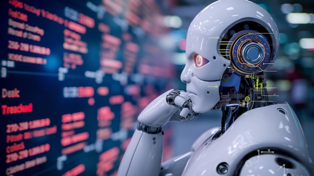 Thinking robot with exposed circuitry pondering data