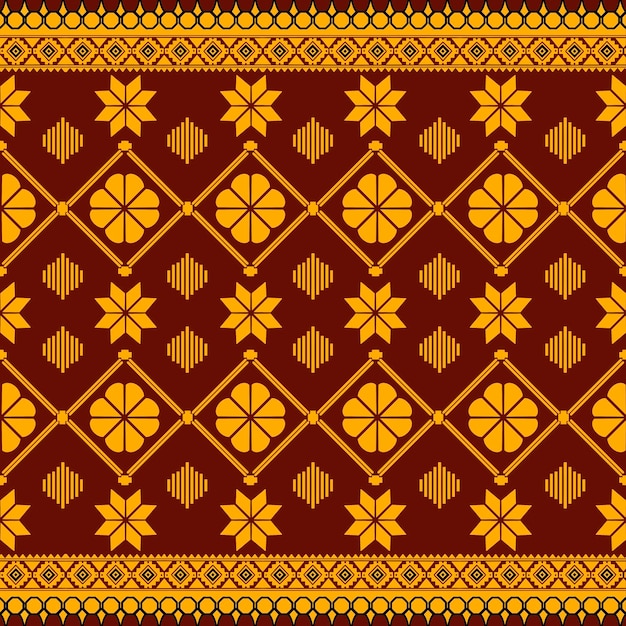 This American ethnic tribal fabric pattern features striking red and yellow floral designs that beau
