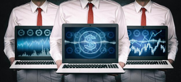 Three businessmens holding laptop with stock charts and analytics data
