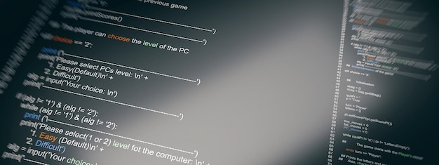 Tietokoneen koodiohjelma Koodauksen kehittäminen elektronisen laitteen näytöllä lähikuva banneri 3D-renderöinti