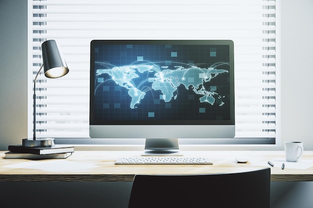 Tietokoneen näyttö abstraktilla graafisella digitaalisella maailmankartalla yhteyksillä, globalisaatiokonsepti 3D-renderöinti